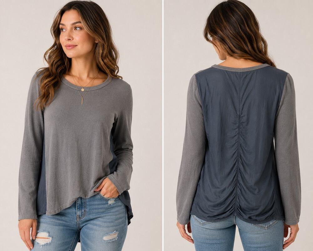 Anthropologie Sam & Lavi La Vi Gray Mixed Media Long Sleeve Top | Boho | Size M